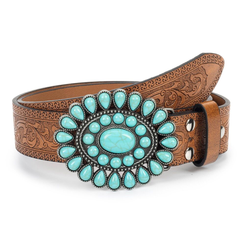 5416 Women Western-belts Rhinestone-cowboy-cowgirl Embossed Floral Pu